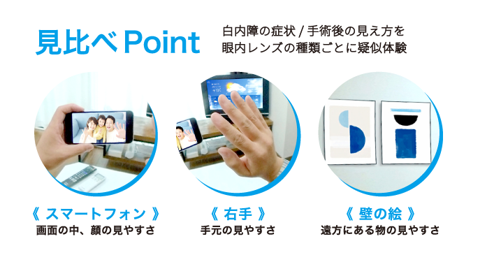 見比べPoint 白内障の症状/手術後の見え方を眼内レンズの種類ごとに疑似体験 スマートフォン 画面の中、顔の見やすさ 右手 手元の見やすさ 壁の絵 遠方にある物の見やすさ